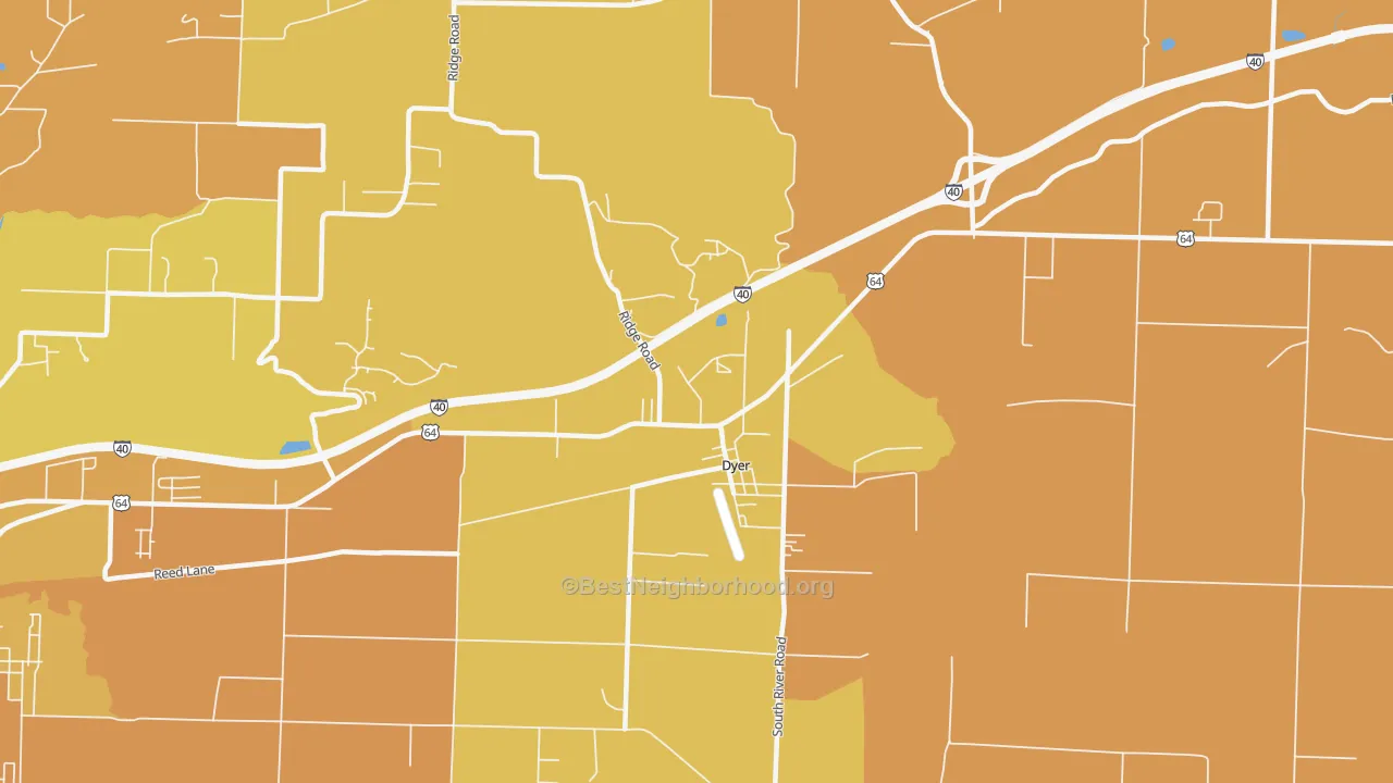 Map of the best neighborhoods in the Dyer area, with better matches in green and worse matches in red