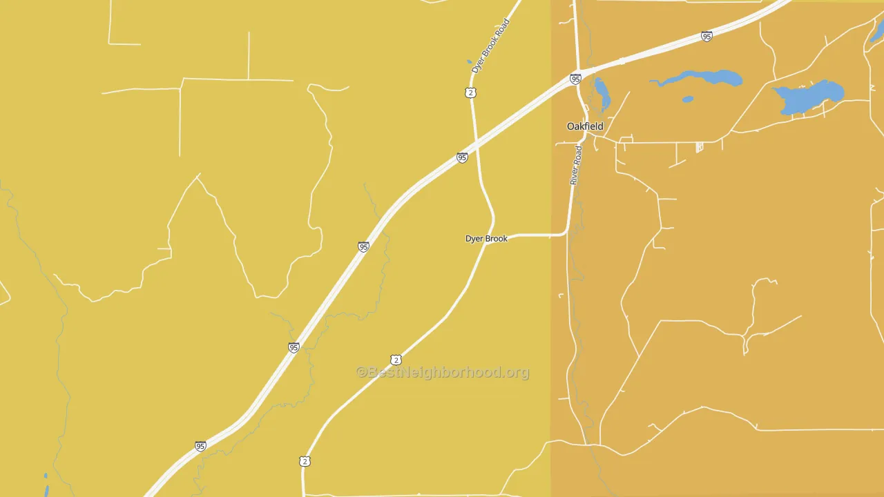 Map of the best neighborhoods in the Dyer Brook area, with better matches in green and worse matches in red