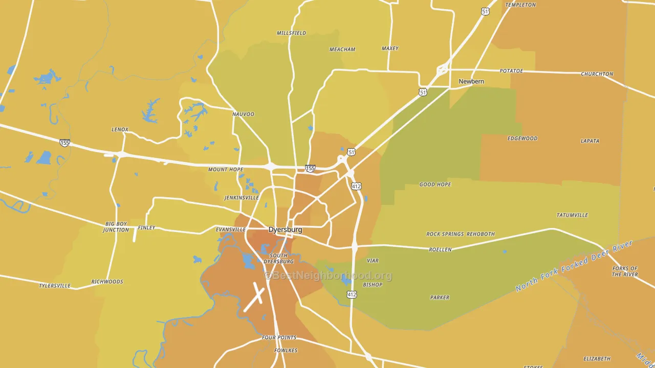 Map of the best neighborhoods in the Dyer County area, with better matches in green and worse matches in red