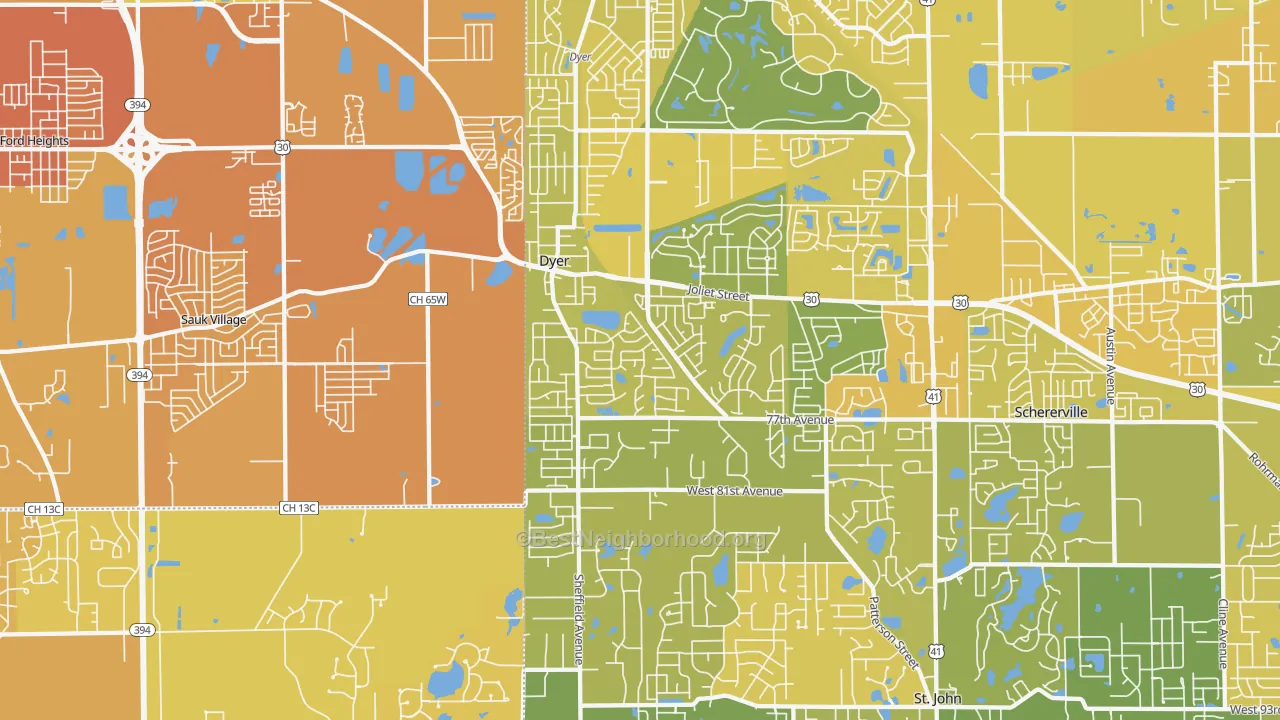 Map of the best neighborhoods in the Dyer area, with better matches in green and worse matches in red