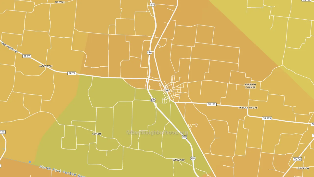 Map of the best neighborhoods in the Dyer area, with better matches in green and worse matches in red