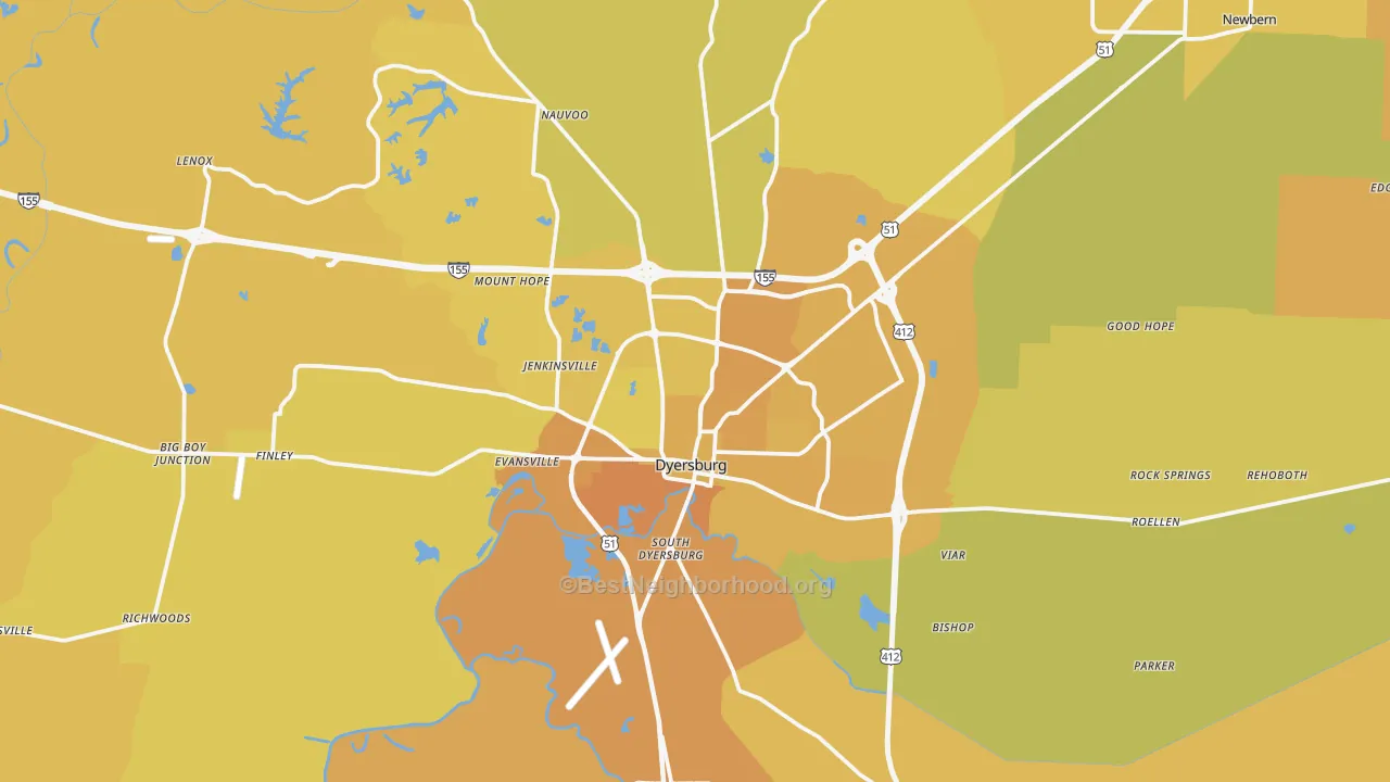 Map of the best neighborhoods in the Dyersburg area, with better matches in green and worse matches in red