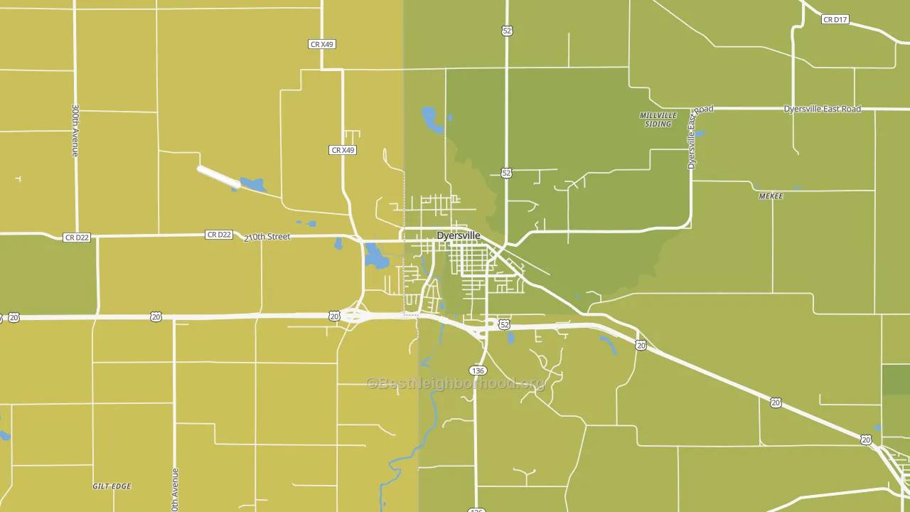 Map of the best neighborhoods in the Dyersville area, with better matches in green and worse matches in red