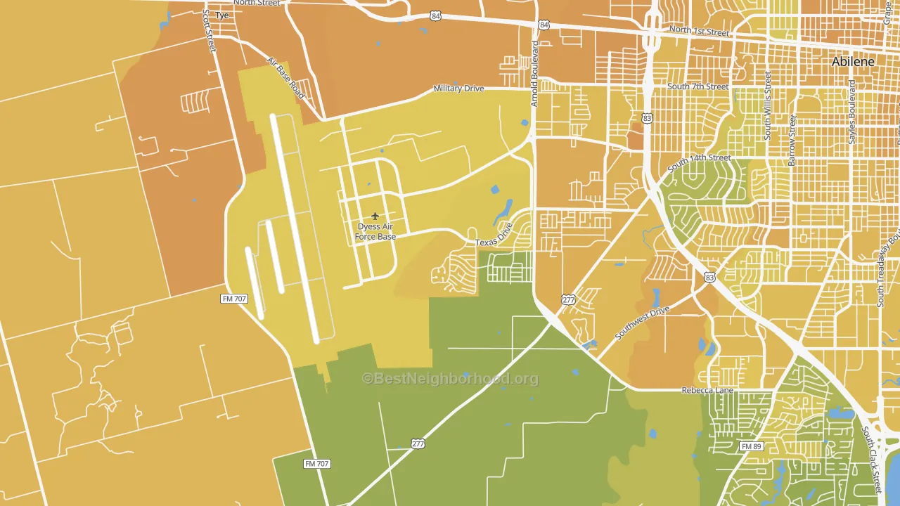 Map of the best neighborhoods in the Dyess Afb area, with better matches in green and worse matches in red