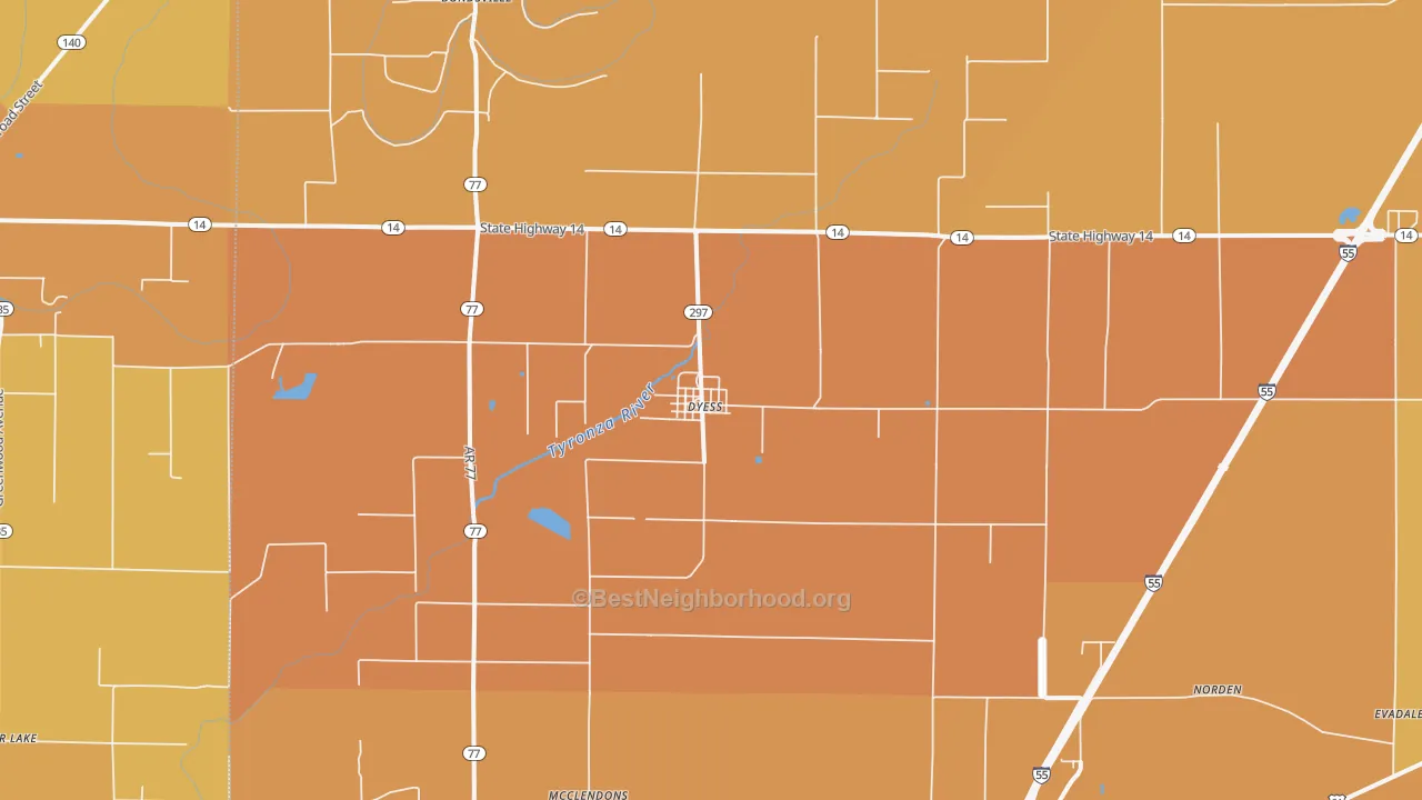 Map of the best neighborhoods in the Dyess area, with better matches in green and worse matches in red