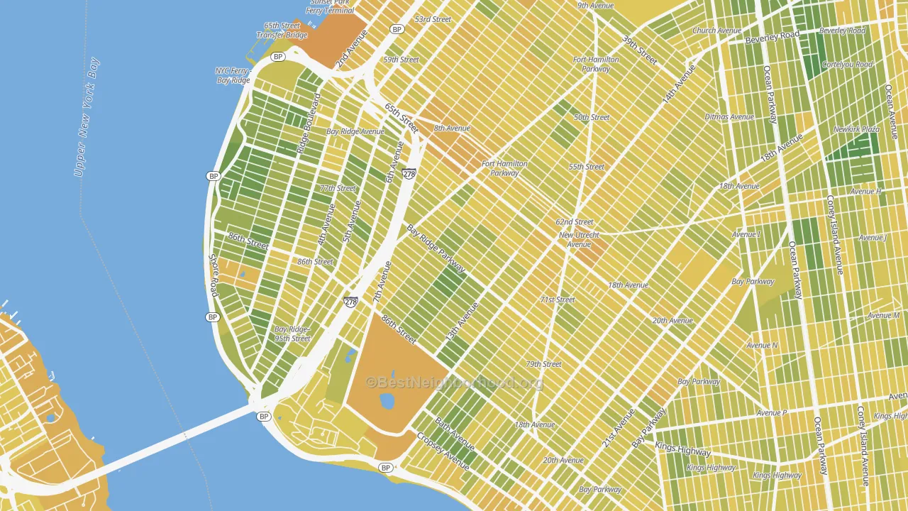 Map of the best neighborhoods in the Dyker Heights, Brooklyn area, with better matches in green and worse matches in red