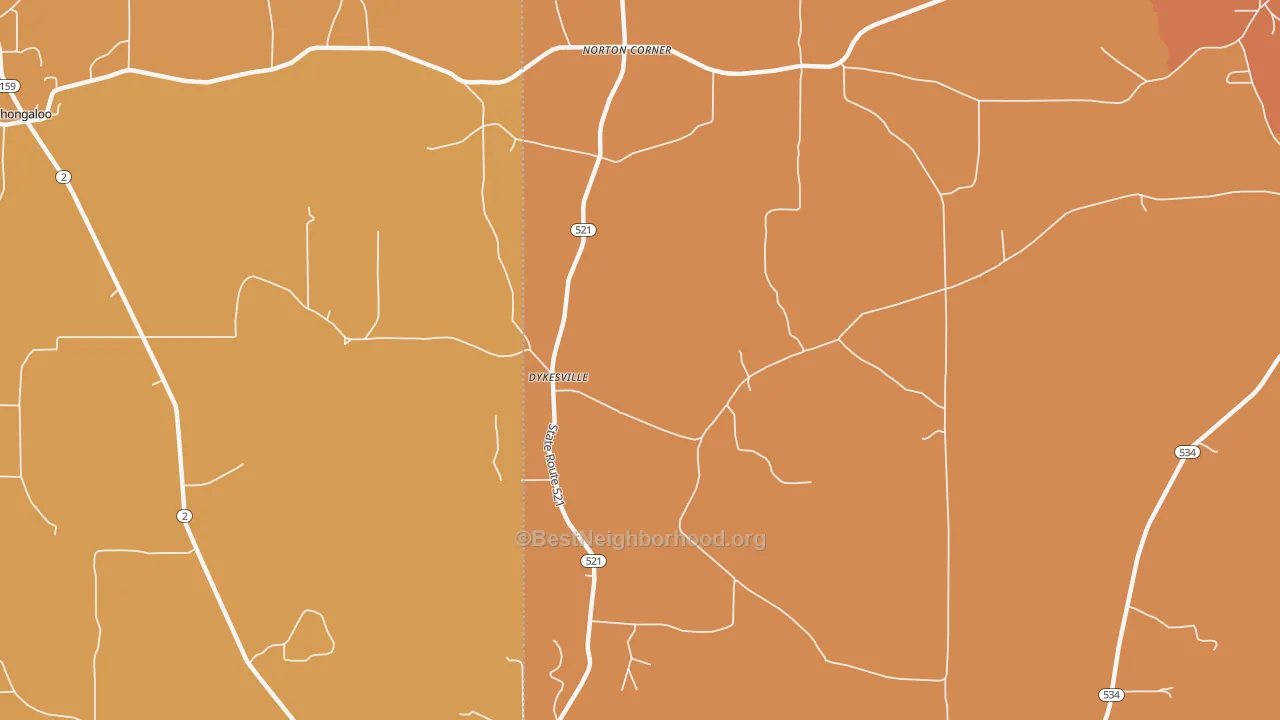 Map of the best neighborhoods in the Dykesville area, with better matches in green and worse matches in red