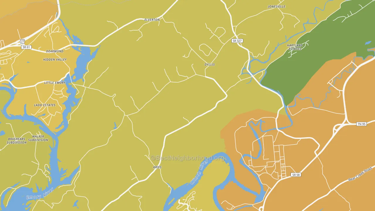 Map of the best neighborhoods in the Dyllis area, with better matches in green and worse matches in red