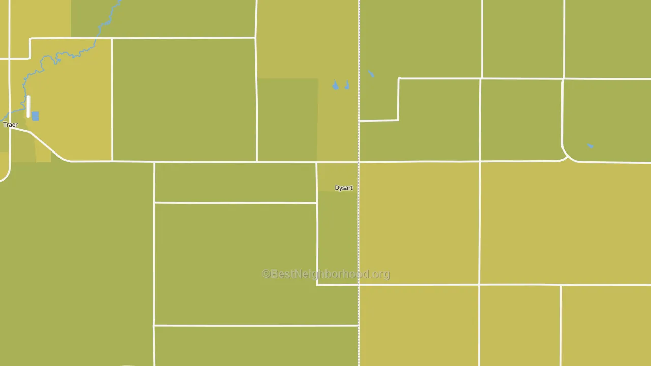Map of the best neighborhoods in the Dysart area, with better matches in green and worse matches in red