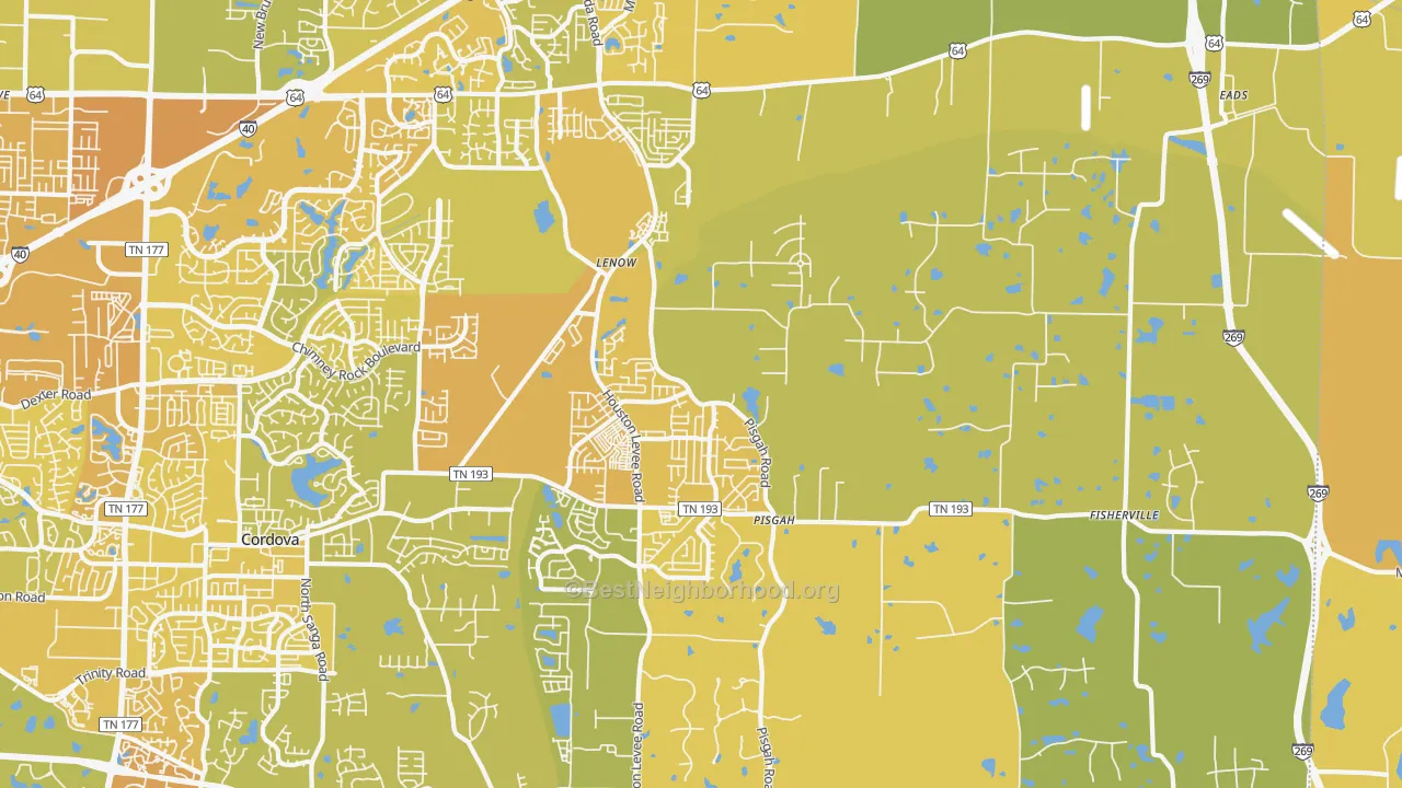 Map of the best neighborhoods in the Eads-Fisherville, Cordova area, with better matches in green and worse matches in red
