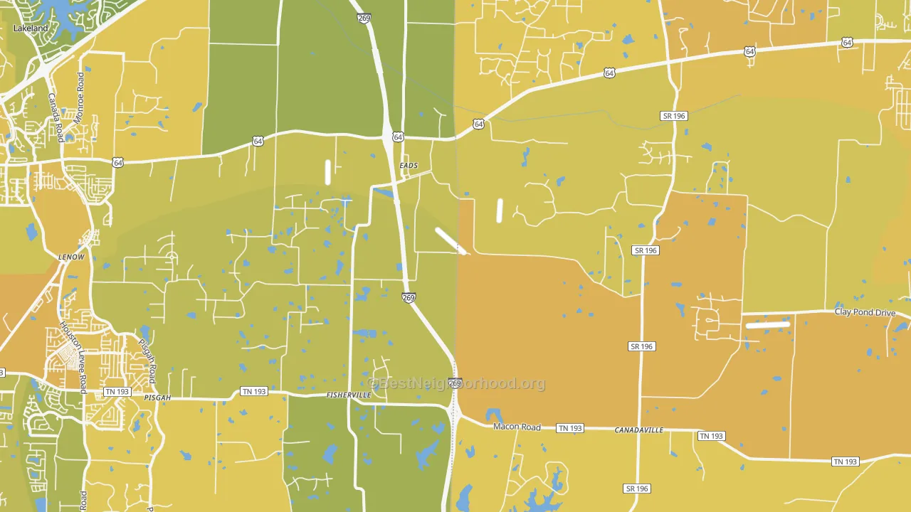 Map of the best neighborhoods in the Eads area, with better matches in green and worse matches in red