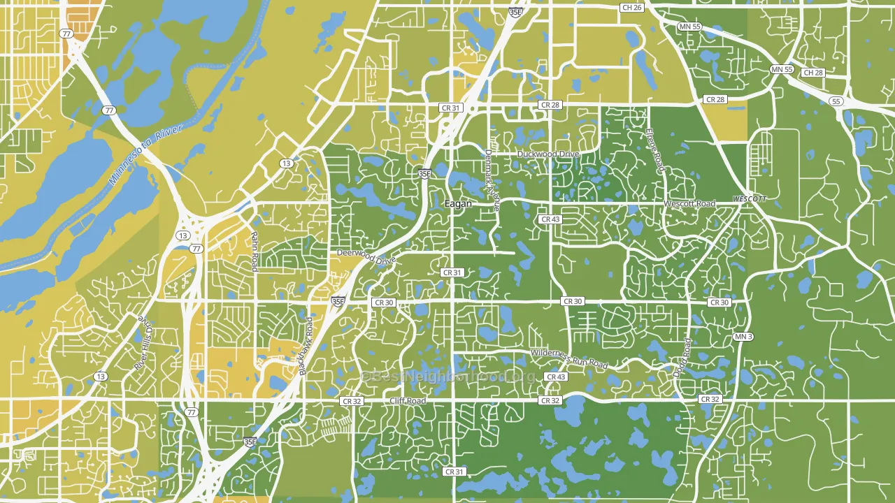 Map of the best neighborhoods in the Eagan area, with better matches in green and worse matches in red