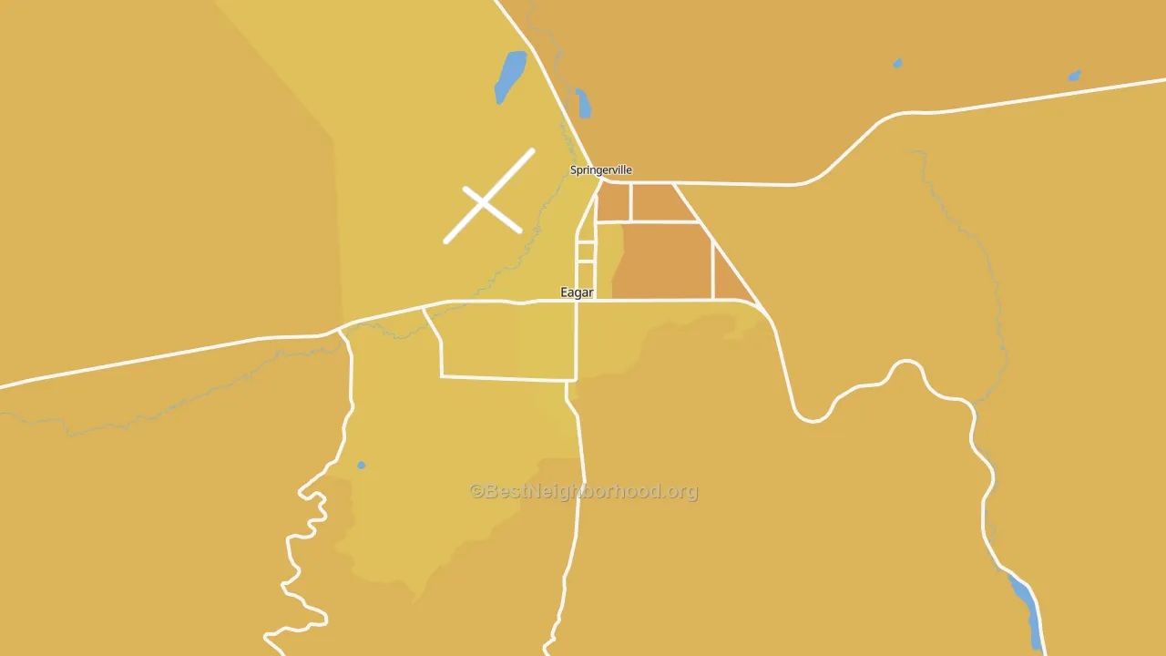 Map of the best neighborhoods in the Eagar area, with better matches in green and worse matches in red