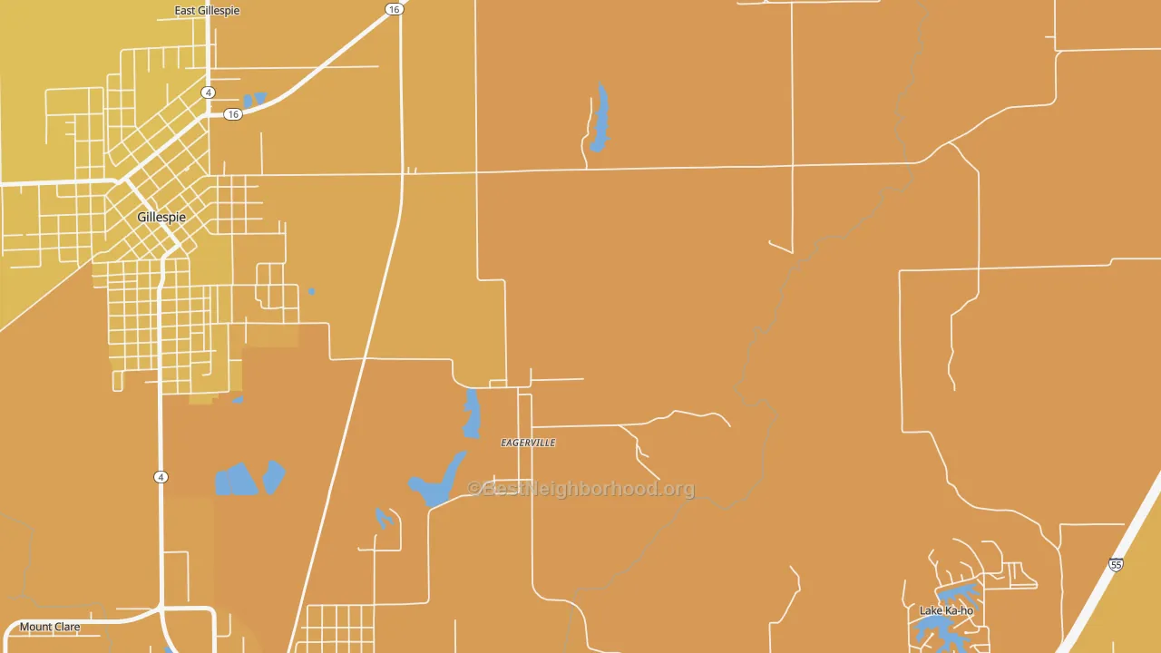 Map of the best neighborhoods in the Eagarville area, with better matches in green and worse matches in red