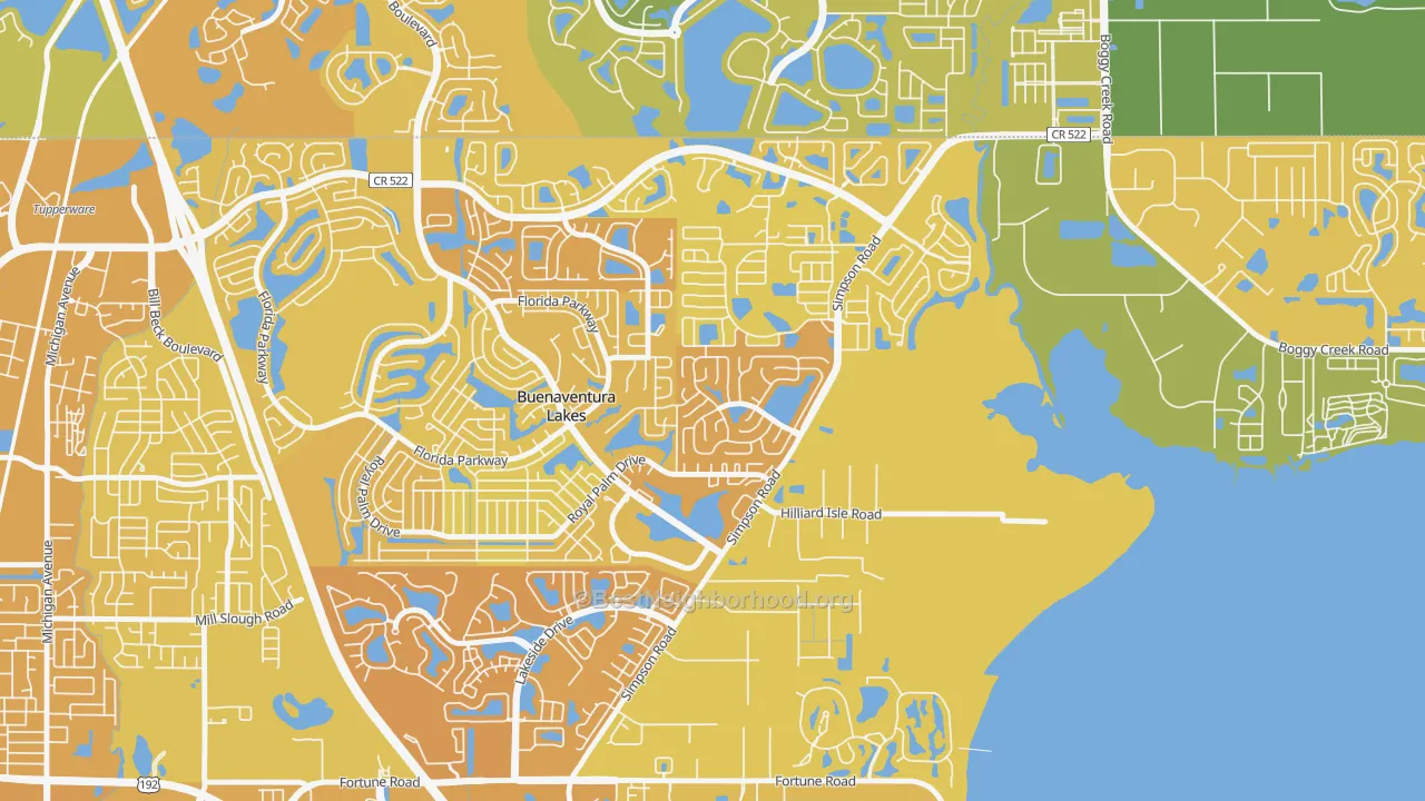 Map of the best neighborhoods in the Eagle Bay, Kissimmee area, with better matches in green and worse matches in red