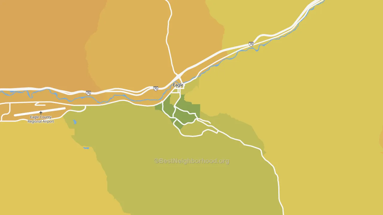Map of the best neighborhoods in the Eagle area, with better matches in green and worse matches in red