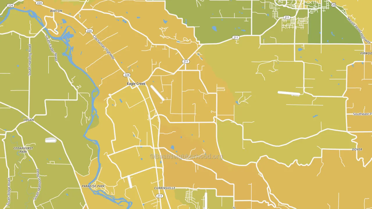 Map of the best neighborhoods in the Eagle Creek area, with better matches in green and worse matches in red