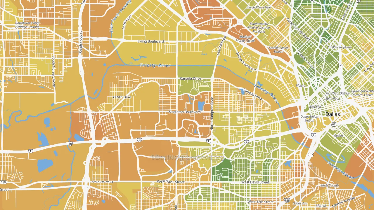Map of the best neighborhoods in the Eagle Ford, Dallas area, with better matches in green and worse matches in red