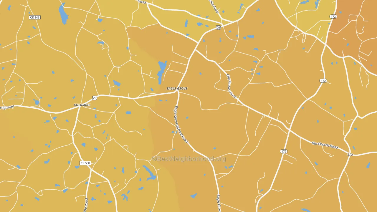 Map of the best neighborhoods in the Eagle Grove area, with better matches in green and worse matches in red