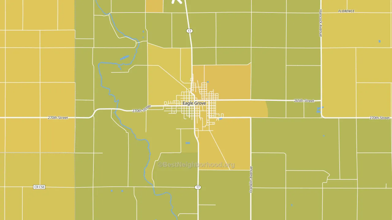 Map of the best neighborhoods in the Eagle Grove area, with better matches in green and worse matches in red