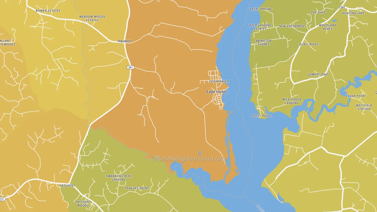 Map of the best neighborhoods in the Eagle Harbor area, with better matches in green and worse matches in red
