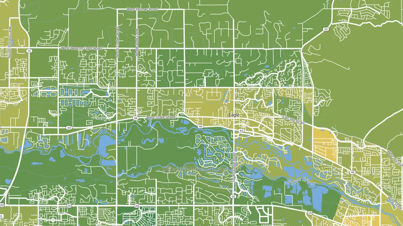 Map of the best neighborhoods in the Eagle area, with better matches in green and worse matches in red