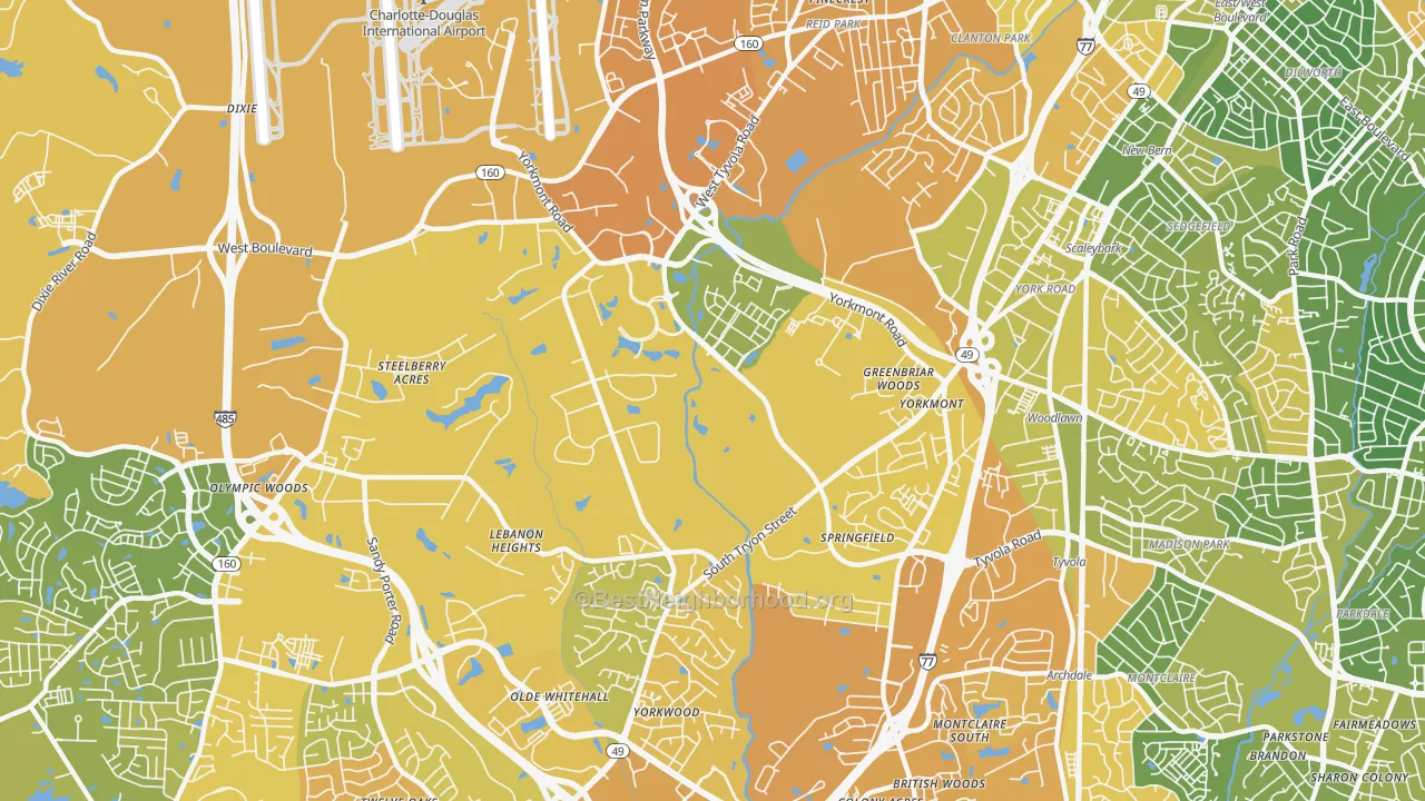 Map of the best neighborhoods in the Eagle Lake, Charlotte area, with better matches in green and worse matches in red