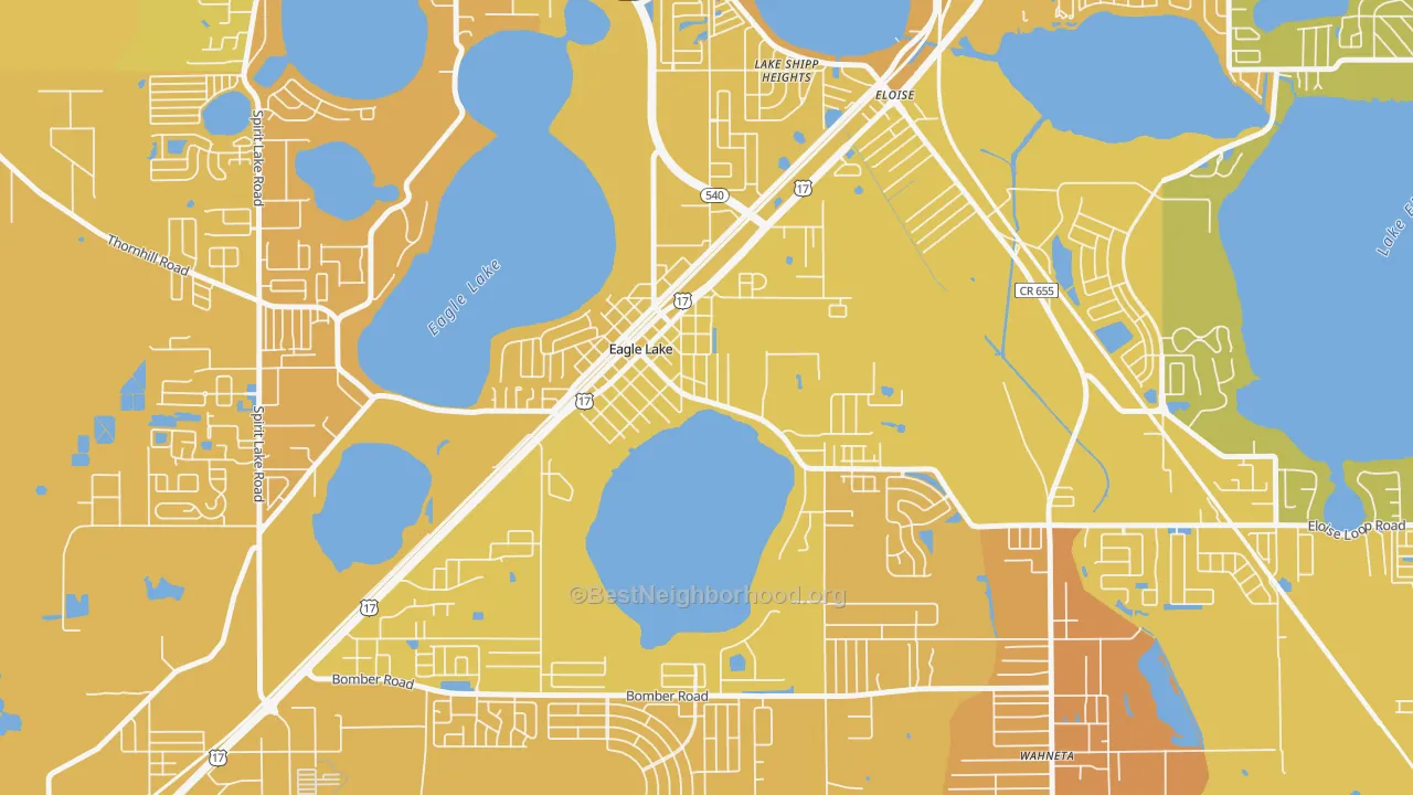 Map of the best neighborhoods in the Eagle Lake area, with better matches in green and worse matches in red