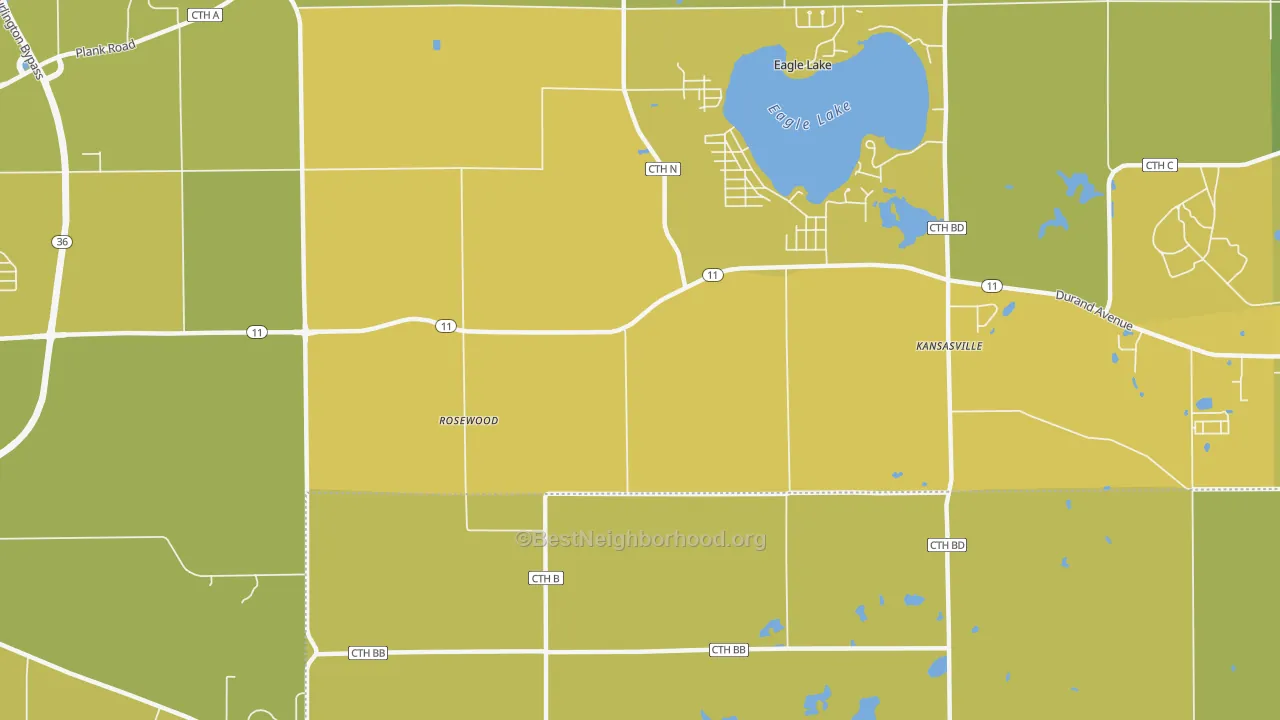 Map of the best neighborhoods in the Eagle Lake Manor area, with better matches in green and worse matches in red