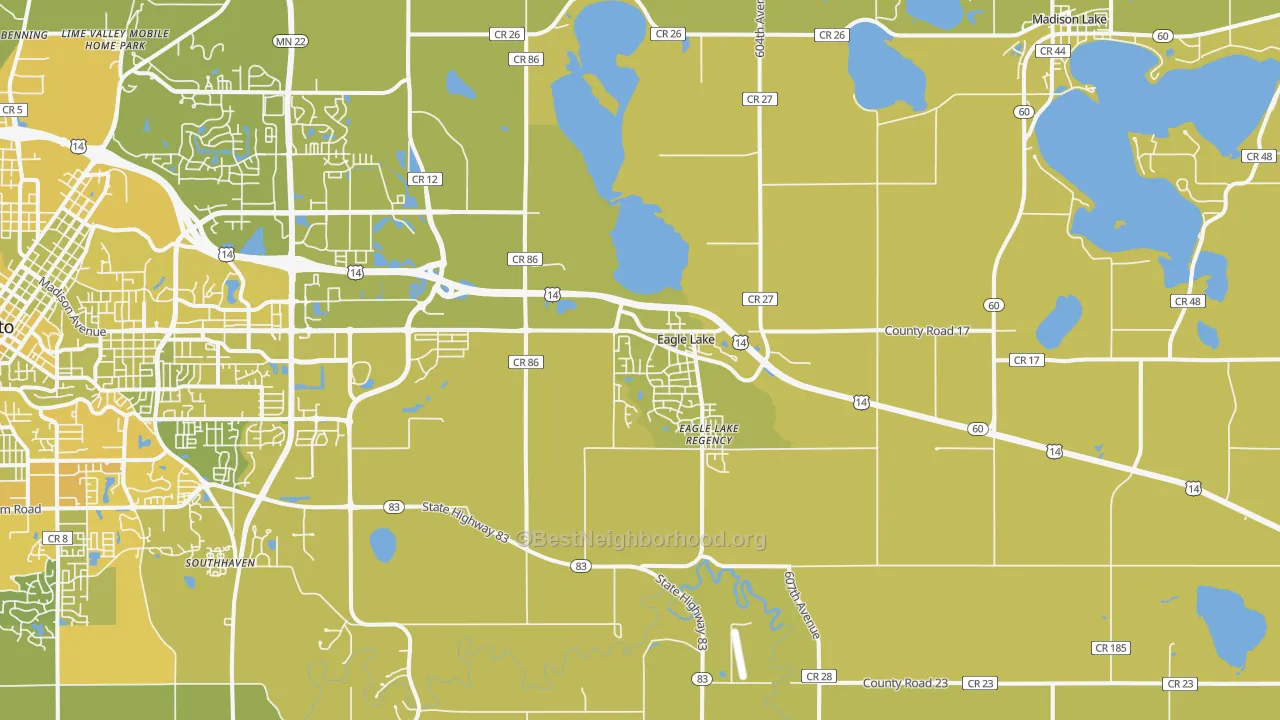 Map of the best neighborhoods in the Eagle Lake area, with better matches in green and worse matches in red