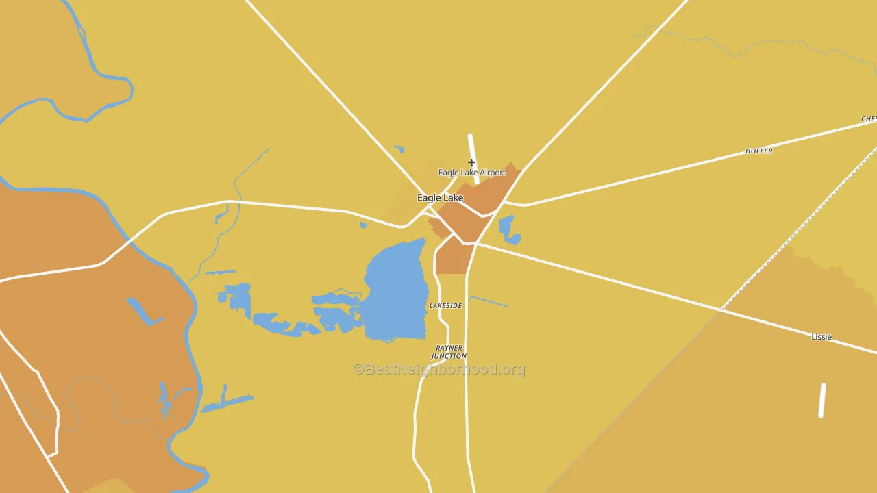 Map of the best neighborhoods in the Eagle Lake area, with better matches in green and worse matches in red