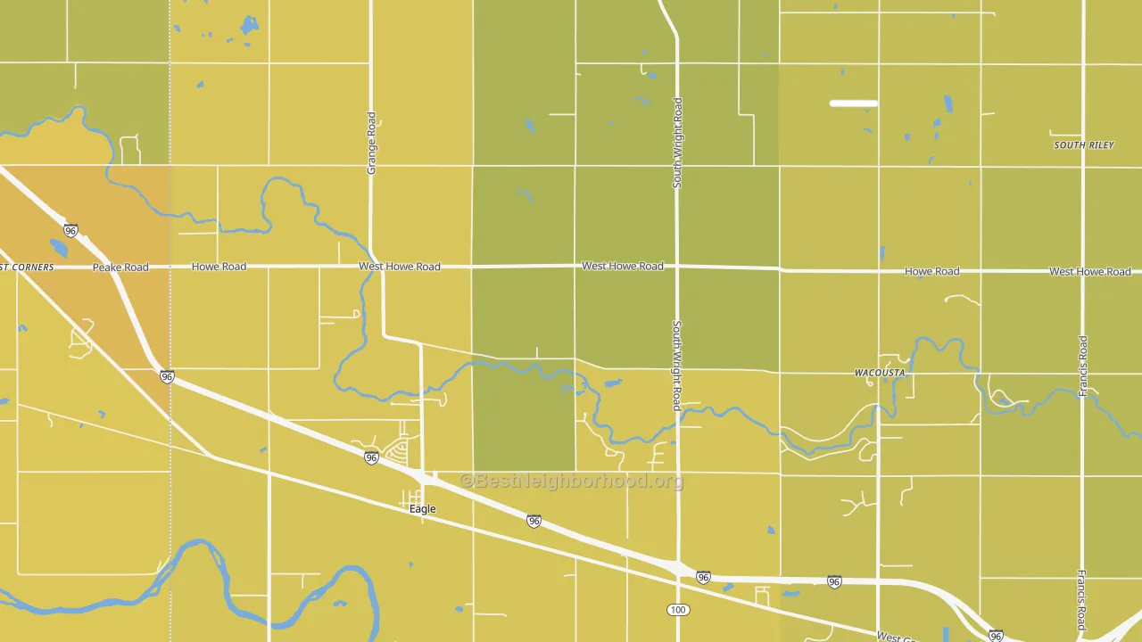 Map of the best neighborhoods in the Eagle area, with better matches in green and worse matches in red