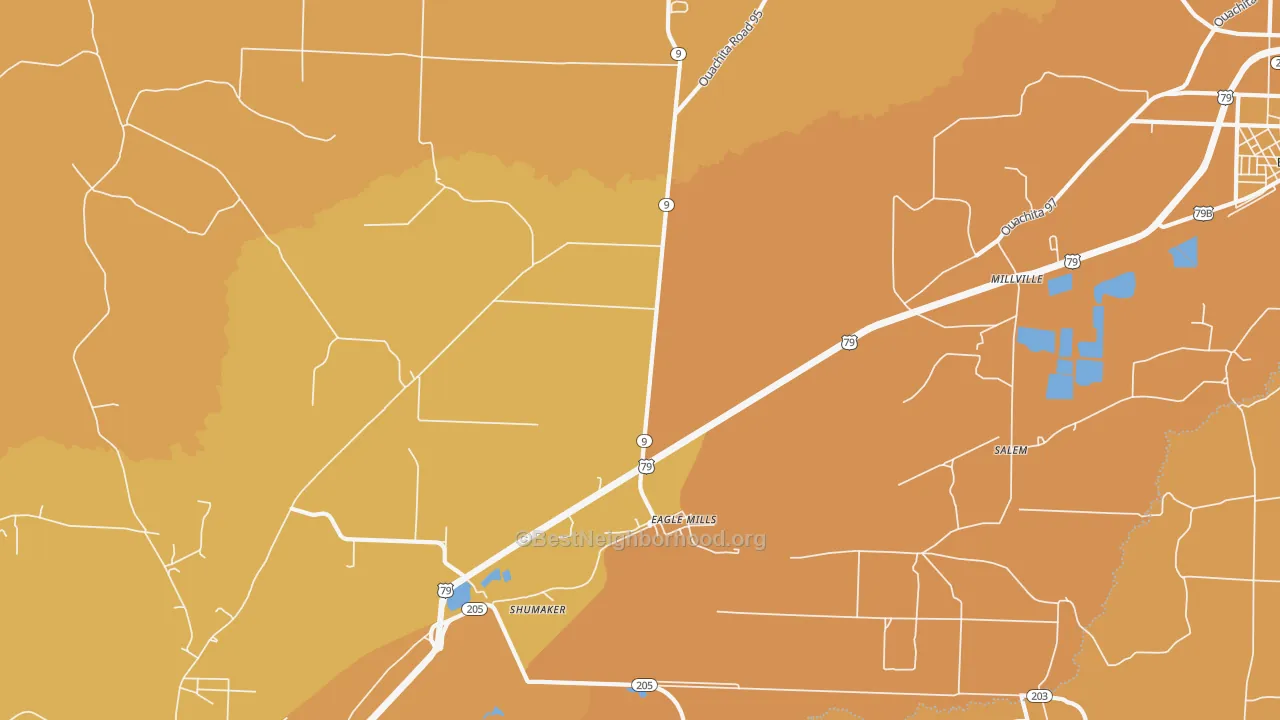 Map of the best neighborhoods in the Eagle Mills area, with better matches in green and worse matches in red