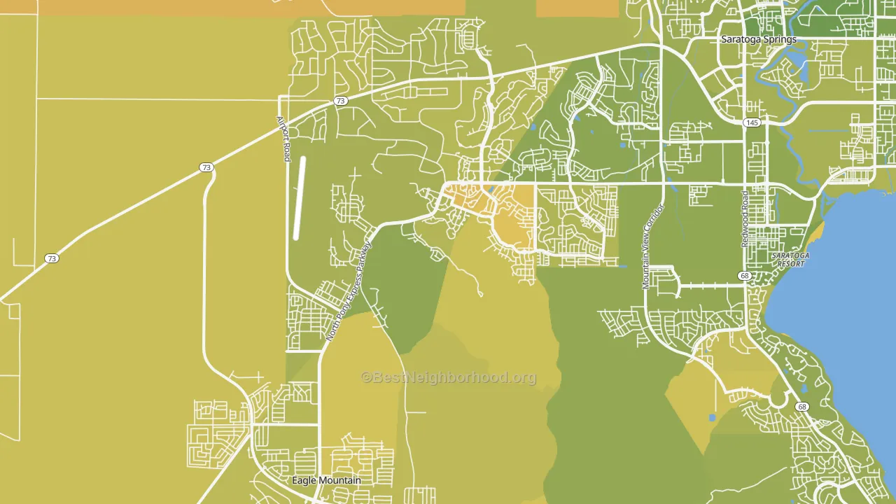Map of the best neighborhoods in the Eagle Mountain area, with better matches in green and worse matches in red