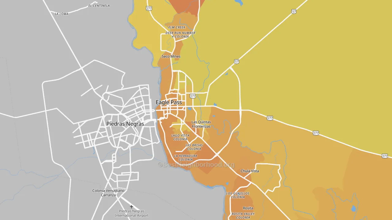 Map of the best neighborhoods in the Eagle Pass Metro area, with better matches in green and worse matches in red