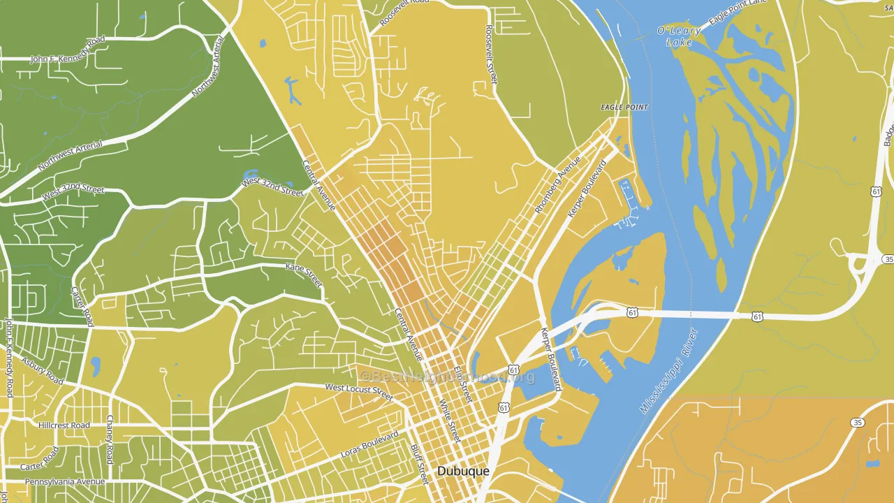Map of the best neighborhoods in the Eagle Point District, Dubuque area, with better matches in green and worse matches in red