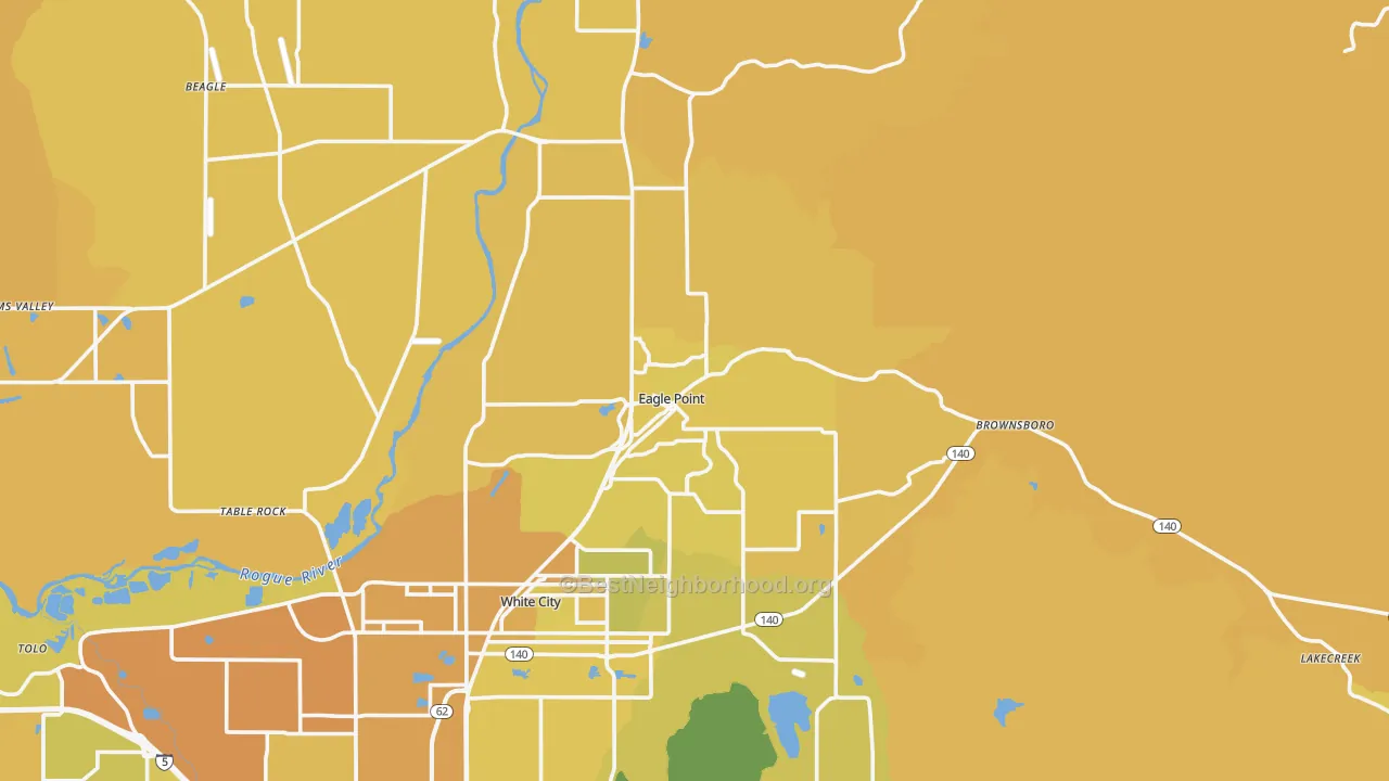 Map of the best neighborhoods in the Eagle Point area, with better matches in green and worse matches in red