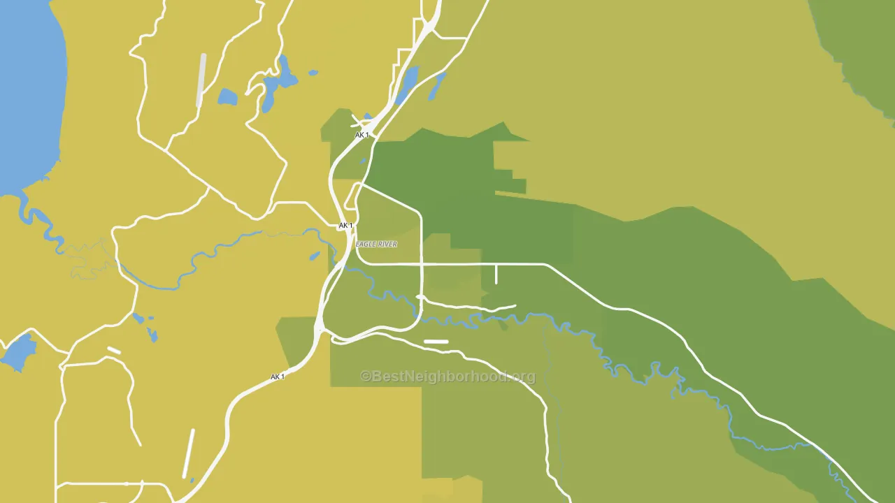 Map of the best neighborhoods in the Eagle River area, with better matches in green and worse matches in red