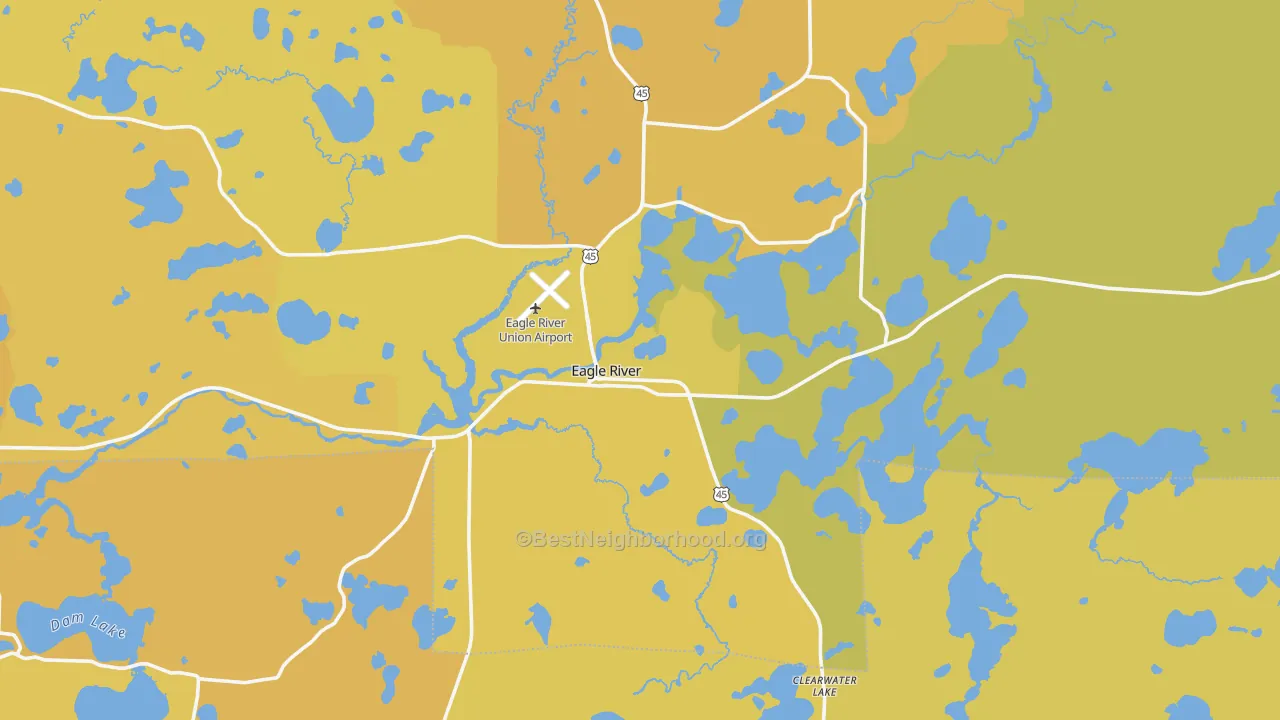 Map of the best neighborhoods in the Eagle River area, with better matches in green and worse matches in red