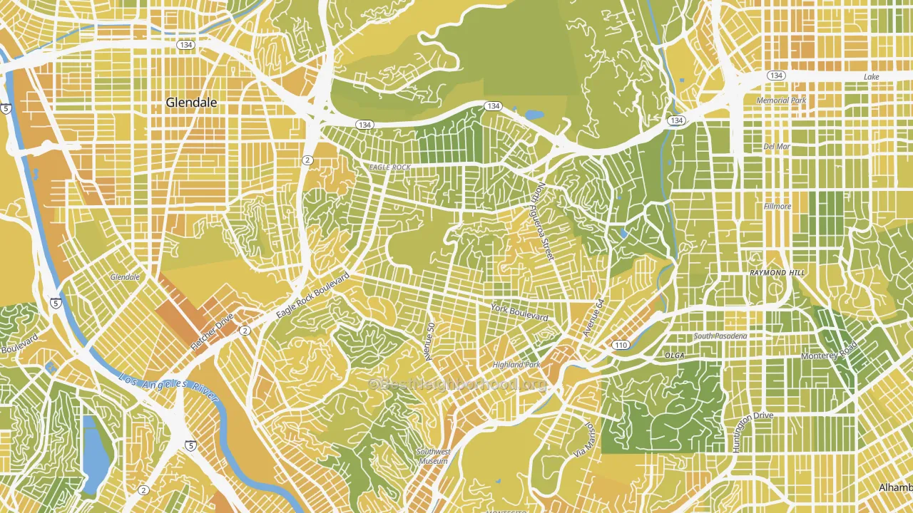 Map of the best neighborhoods in the Eagle Rock, Los Angeles area, with better matches in green and worse matches in red