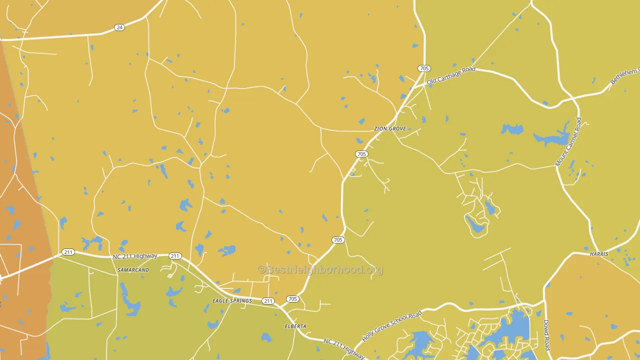 Map of the best neighborhoods in the Eagle Springs area, with better matches in green and worse matches in red