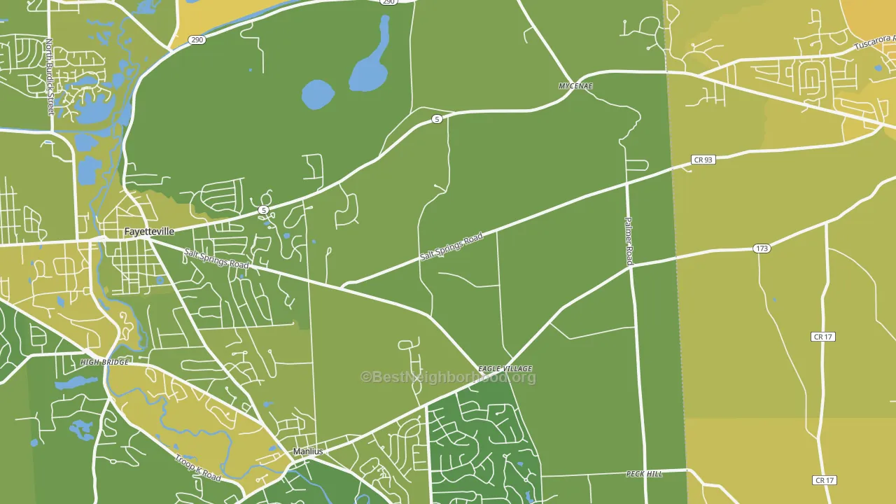 Map of the best neighborhoods in the Eagle Village area, with better matches in green and worse matches in red