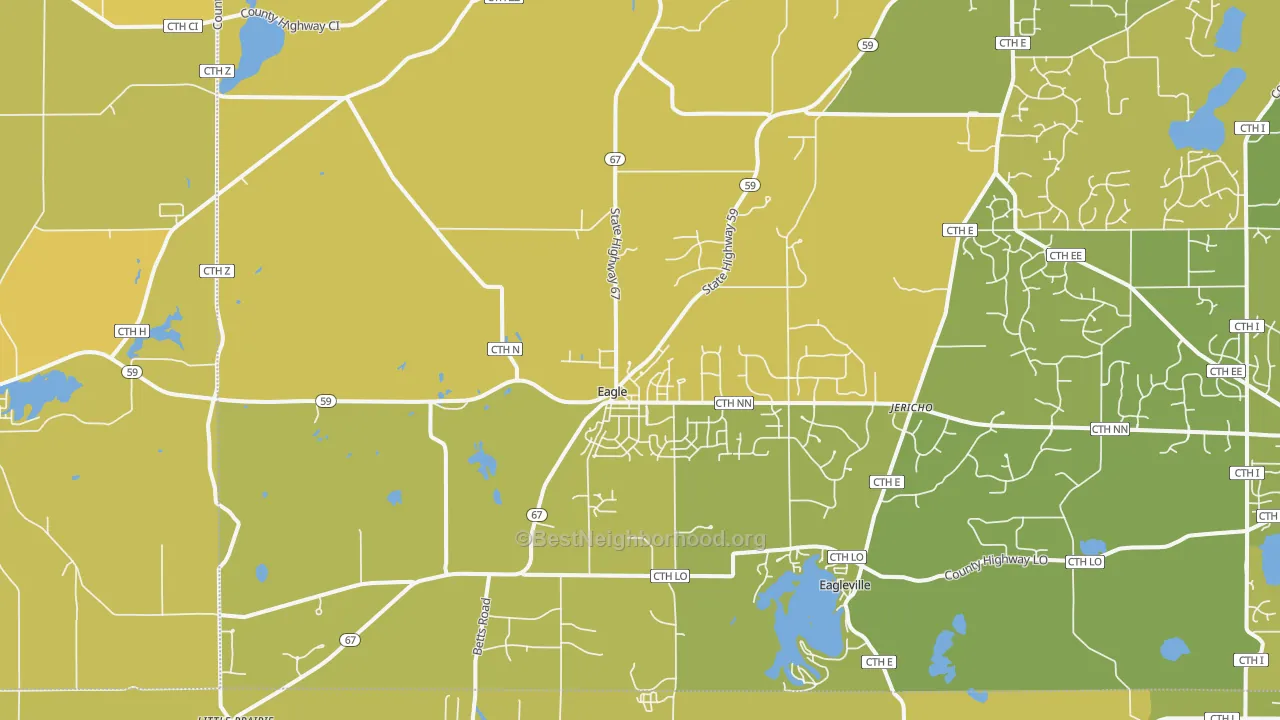 Map of the best neighborhoods in the Eagle area, with better matches in green and worse matches in red
