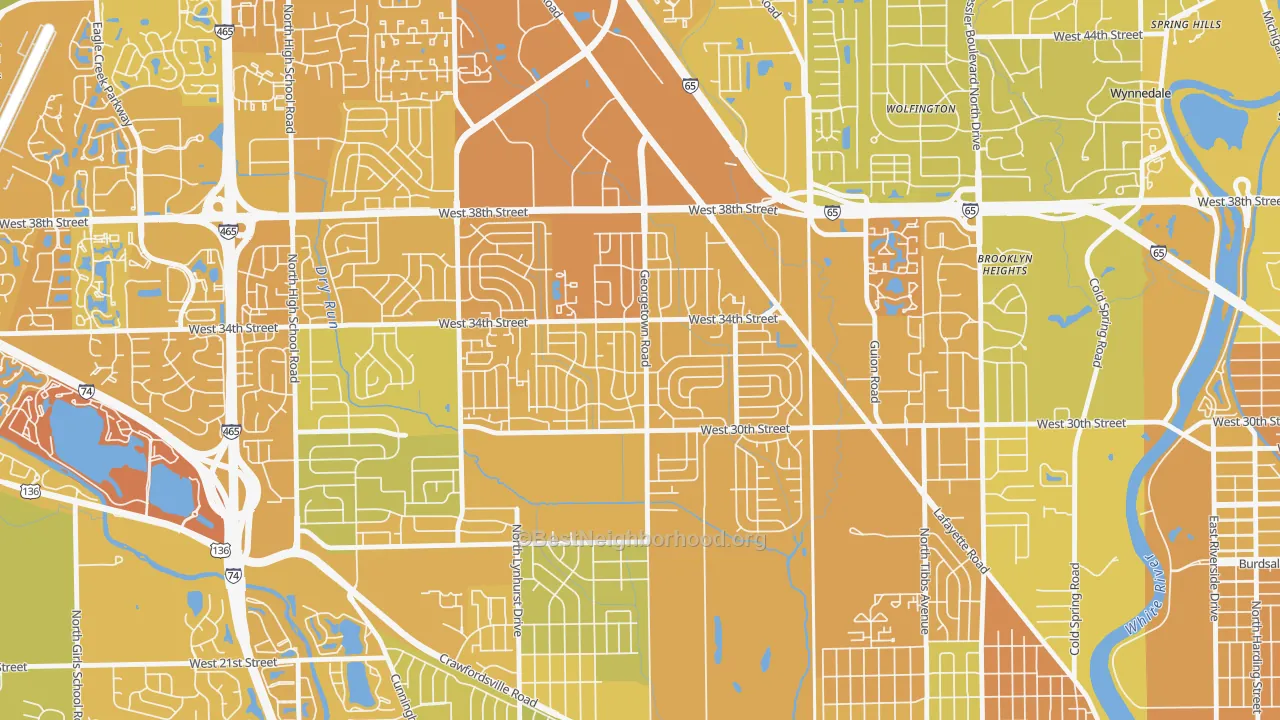 Map of the best neighborhoods in the Eagledale, Indianapolis area, with better matches in green and worse matches in red