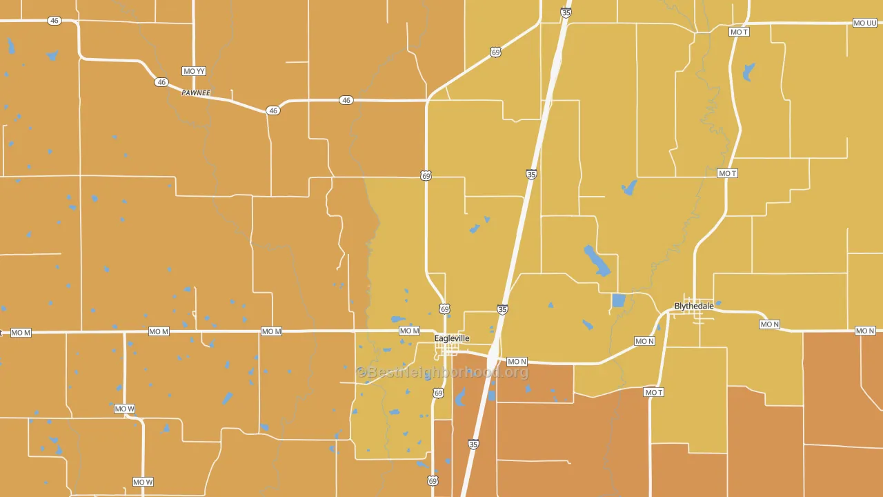 Map of the best neighborhoods in the Eagleville area, with better matches in green and worse matches in red