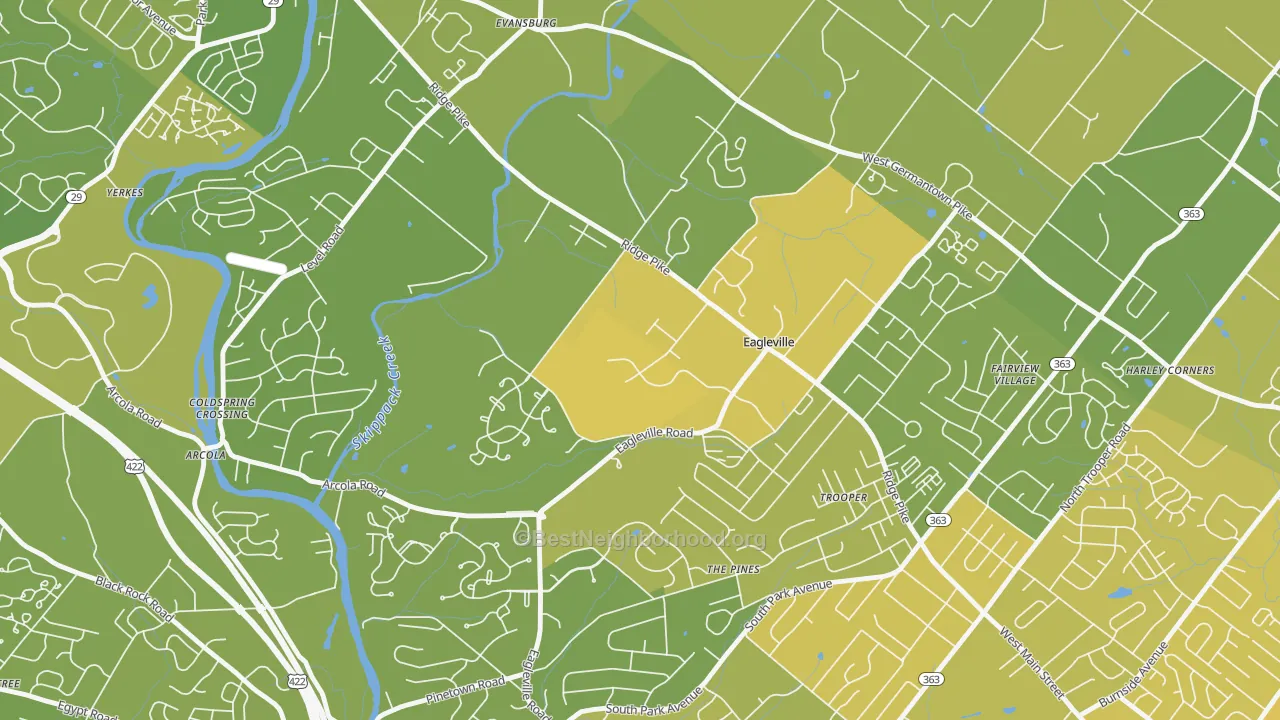 Map of the best neighborhoods in the Eagleville area, with better matches in green and worse matches in red