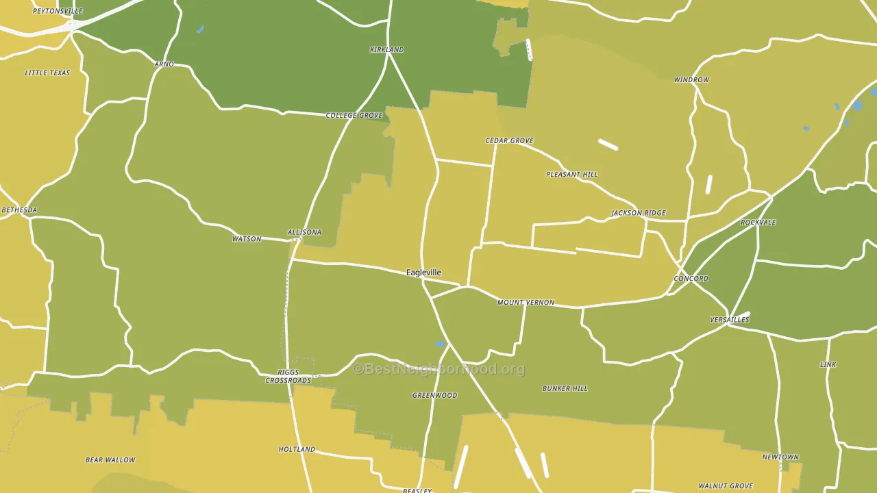 Map of the best neighborhoods in the Eagleville area, with better matches in green and worse matches in red
