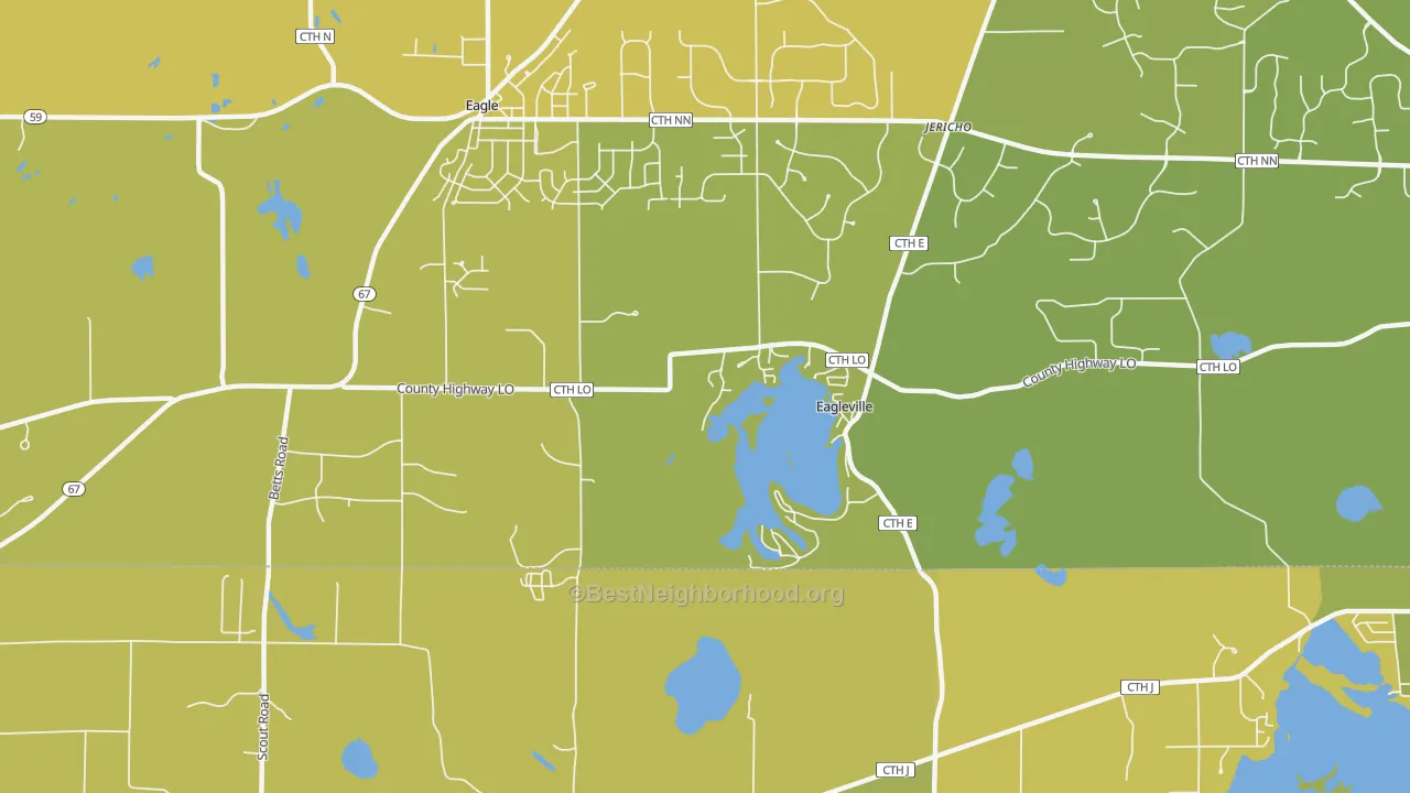 Map of the best neighborhoods in the Eagleville area, with better matches in green and worse matches in red