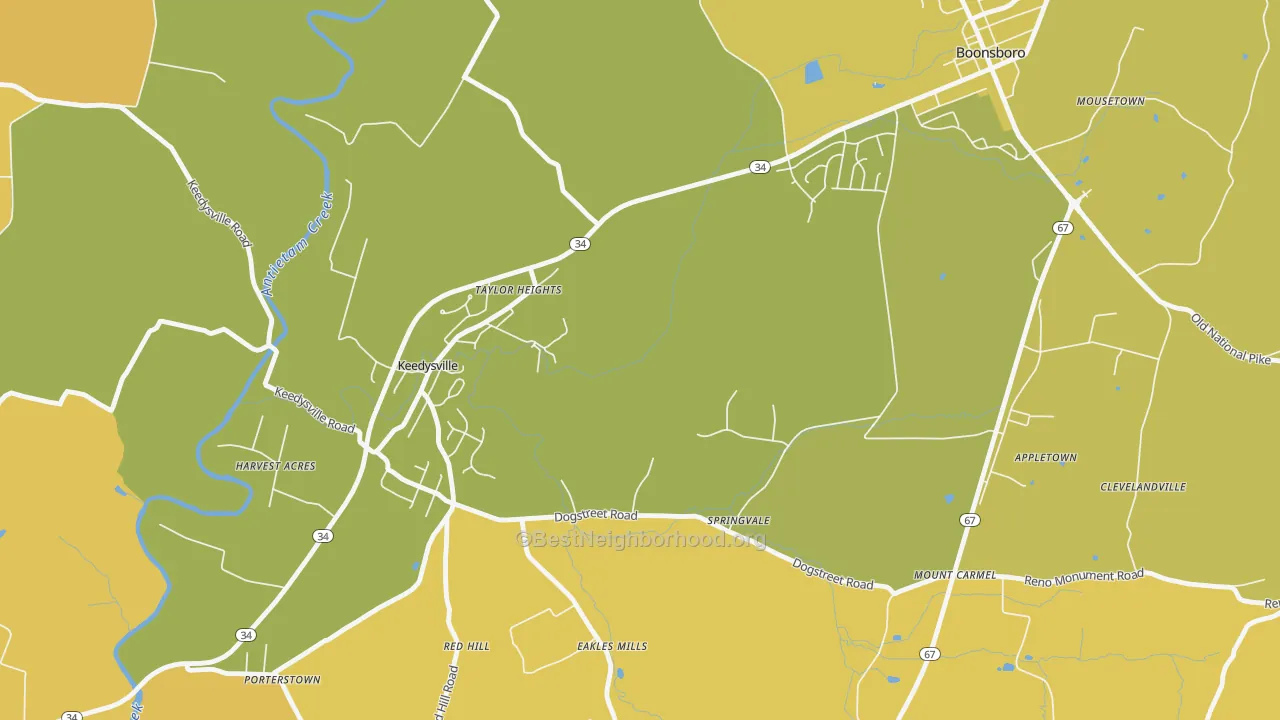 Map of the best neighborhoods in the Eakles Mill area, with better matches in green and worse matches in red