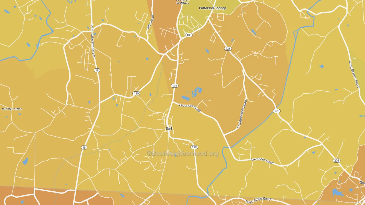Map of the best neighborhoods in the Earl area, with better matches in green and worse matches in red